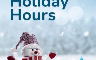 graphic of snowman with holiday hours written above it