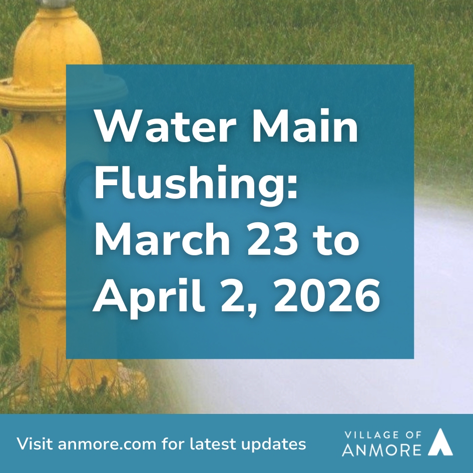 graphic with text advising of water main flushing happening march 23 - april 2, 2026
